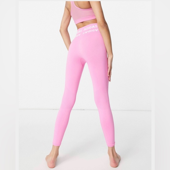 adidas Training aeroknit logo 7/8 leggings and bra in bright pink - Picture 2 of 9